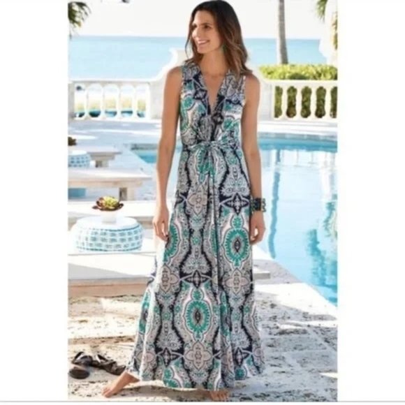 Soft Surroundings ~Navy + Teal Medici Paisley Maxi Stretch Tank Dress in size XS - Picture 1 of 13